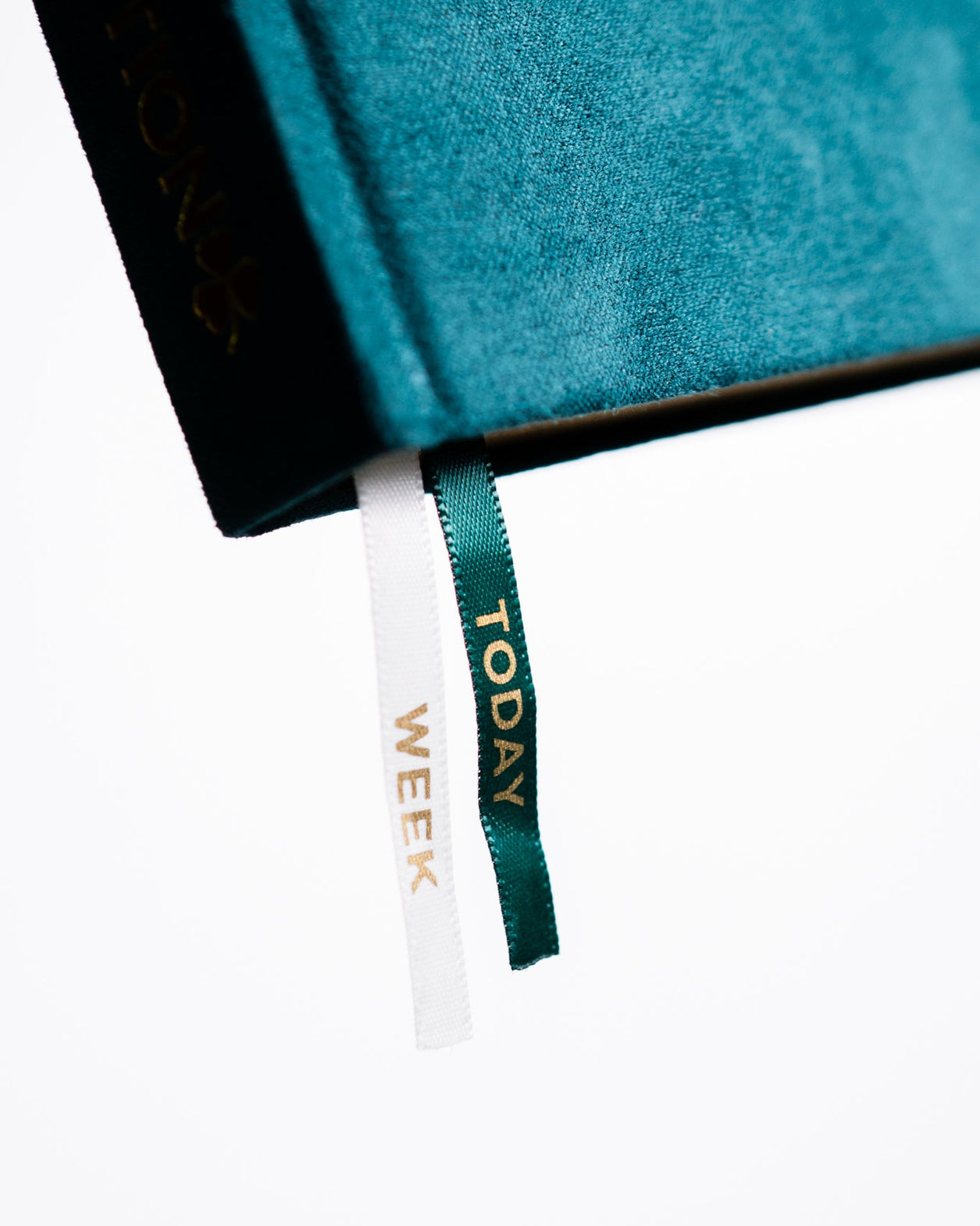 Teal notebook with a white ribbon bookmark labeled 'Today' and 'Week' on a white background