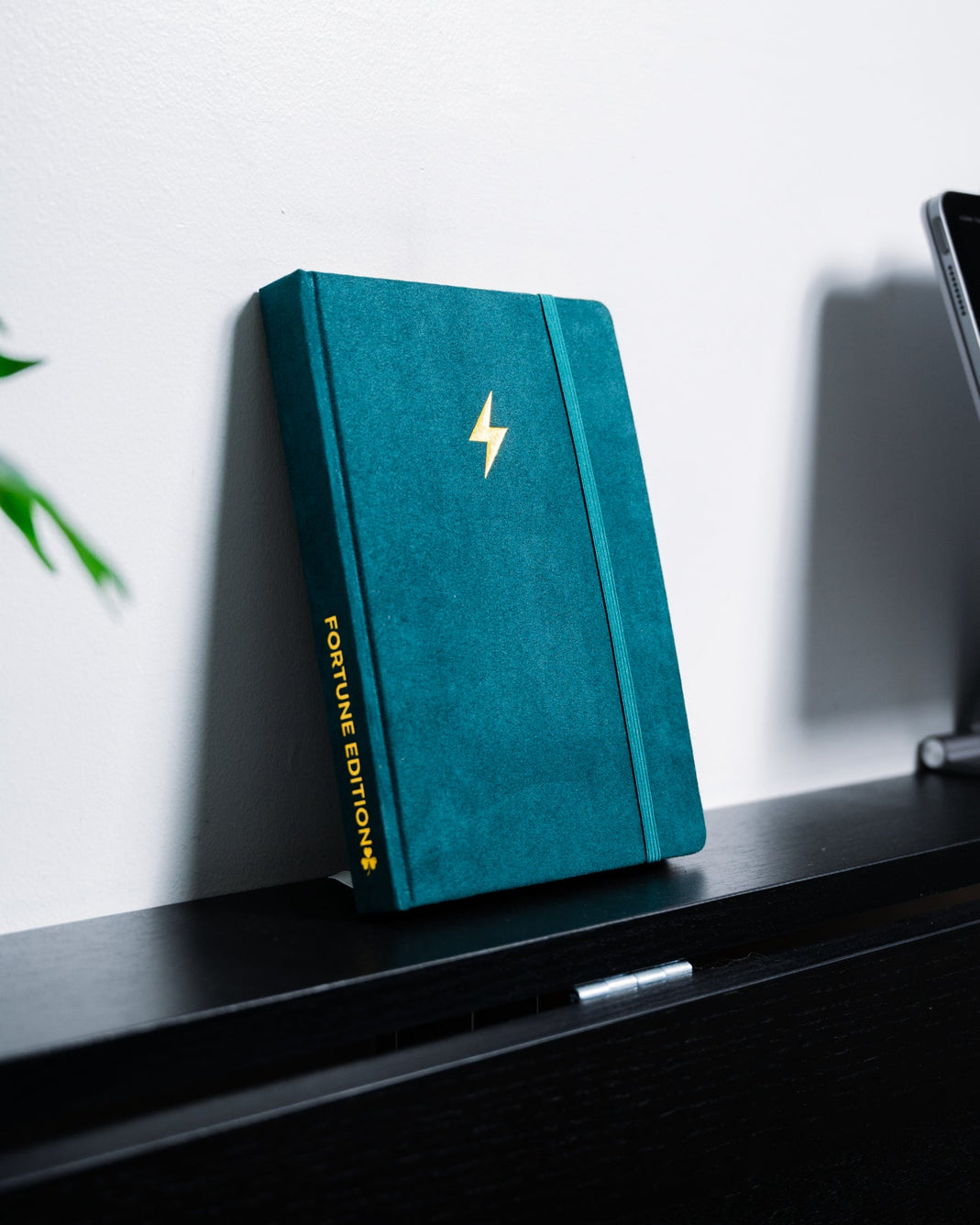 Teal notebook with gold accents on a dark surface against a white wall